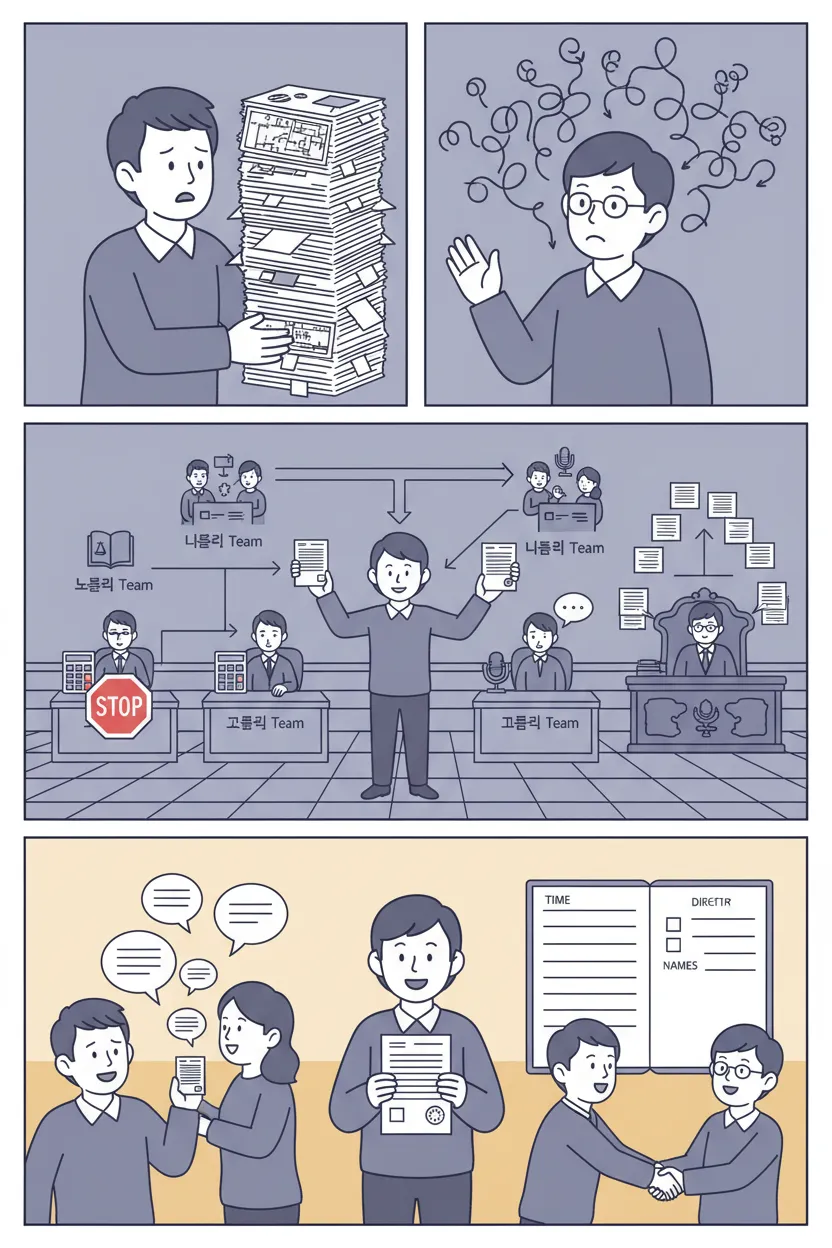 오케스트레이션·에이전트 엔지니어링 4컷 설명 웹툰